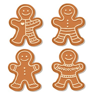 Beyaz arka plan üzerinde izole gerçekçi gingerbread erkek koleksiyonu. Noel kurabiye. Vektör