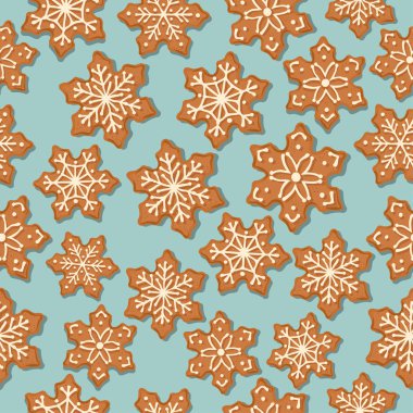 Turkuaz arka plan üzerinde gingerbread yıldız şenlikli Noel seamless modeli. Vektör