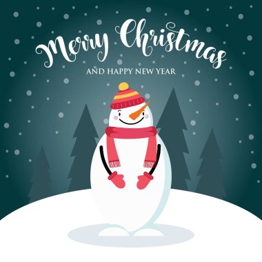 Sevimli kardan adam ve dilek ile Noel kartı. Düz tasarım. Vektör