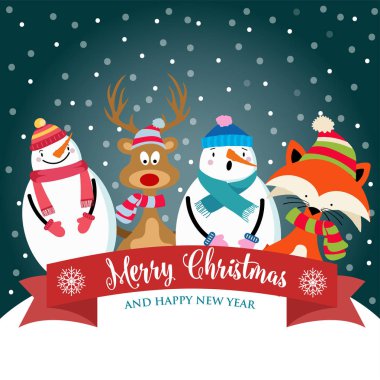 Noel kartı ile sevimli hayvanlar, kardan adam ve dilekleri giyinmiş. Düz tasarım. Vektör