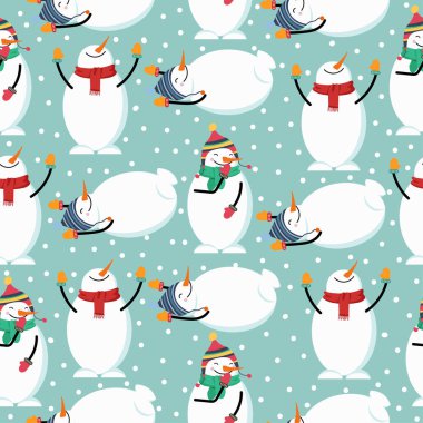 Kardan adam ile sevimli düz tasarım Noel seamless modeli. Noel arka plan. Noel ambalaj kağıdı. Vektör