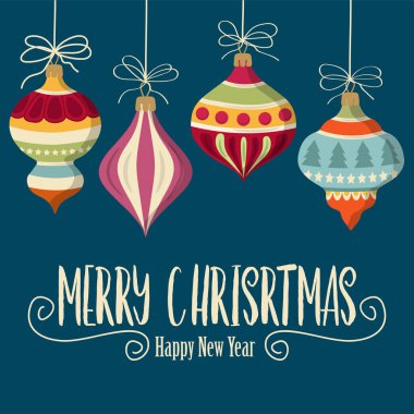 Topları ile Noel kartı. Noel arka plan. Düz tasarım. Vektör