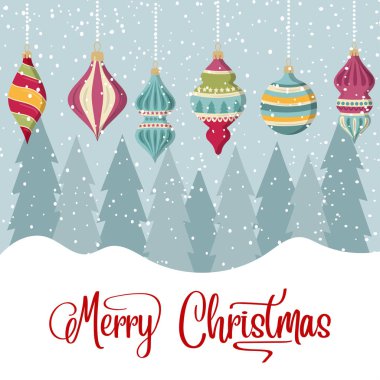 Topları ve dilek ile Noel kartı. Noel arka plan. Düz tasarım. Vektör