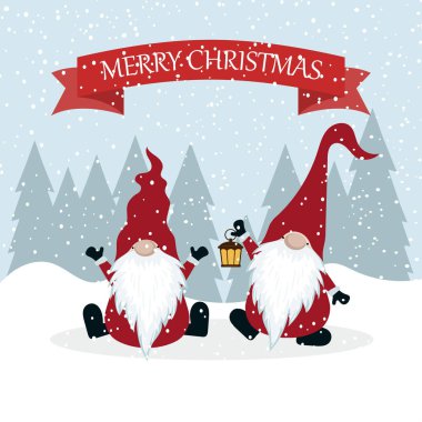 Cüceler ile Noel kartı. Düz tasarım. İskandinav Noel