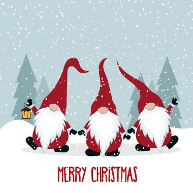 Cüceler ile Noel kartı. Düz tasarım. İskandinav Noel