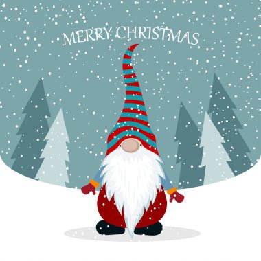 Sevimli gnome ile Noel kartı. Düz tasarım. İskandinav Noel