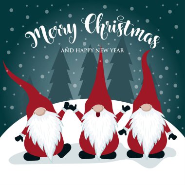 Cüceler ile Noel kartı. Düz tasarım. İskandinav Noel