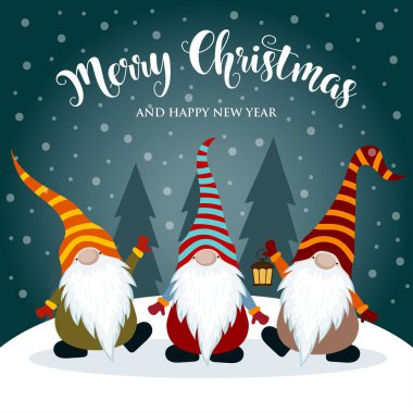 Cüceler ile Noel kartı. Düz tasarım. Vektör