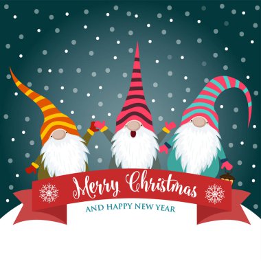 Cüceler ile Noel kartı. Düz tasarım. İskandinav Noel