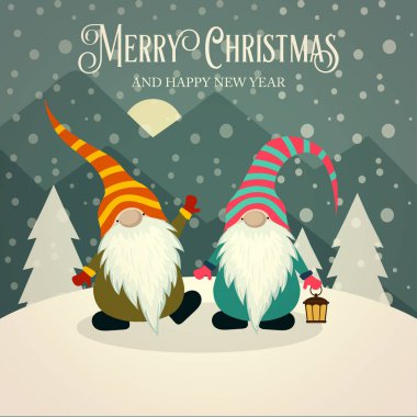 Beautiful retro Christmas card with gnomes. Flat design. Vector clipart