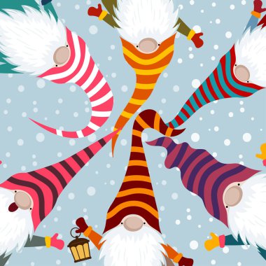 Komik cücelerin olduğu bir Noel kartı. İskandinav Noel 'i. Düz tasarım