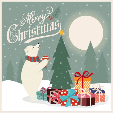 Noel ağacını süsler kutup ayısı ile Retro Noel kartı. Düz tasarım. Vektör