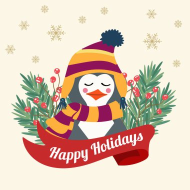 Ağaç braches ve giymiş penguen ile Noel kartı. Düz tasarım