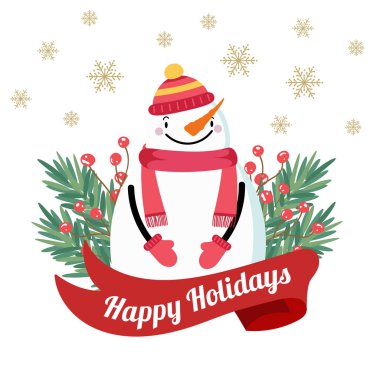 Kardan adam ve ağaç dalları ile Noel kartı