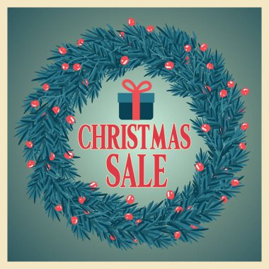Noel satış poster çelenk ile. Düz tasarım. Vektör