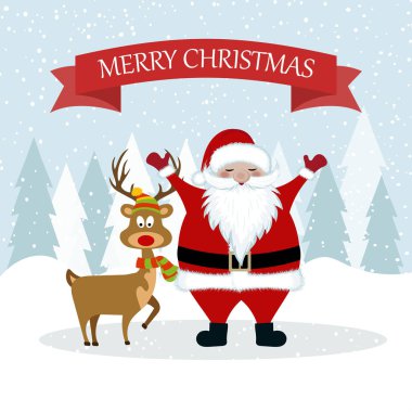 Noel Baba ve Ren geyiği ile Noel kartı. Noel poster. Vektör