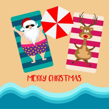 Noel Baba ve plajda Ren geyiği ile Noel kartı. Düz tasarım