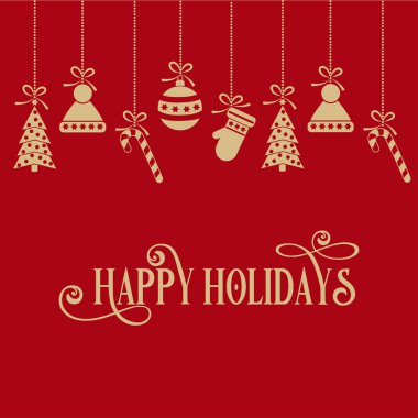 Altın küçük simgeler ile kırmızı Noel kartı. Düz tasarım.