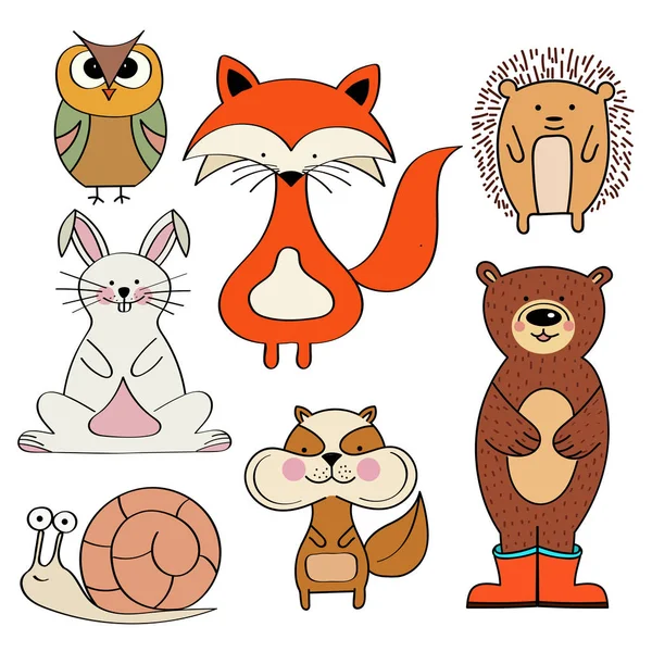Forest Animals Collection Fox Bunny Bear Snail Owl Squirrel Hedgehog — Stock Vector