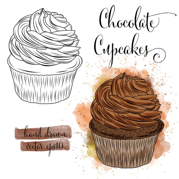 Beautiful Hand Drawn Watercolor Cupcakes Chocolate Vector Format — Stock Vector