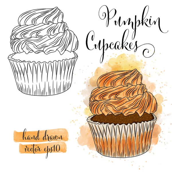 Beaux Cupcakes Aquarelle Dessinés Main Avec Citrouille Format Vectoriel — Image vectorielle