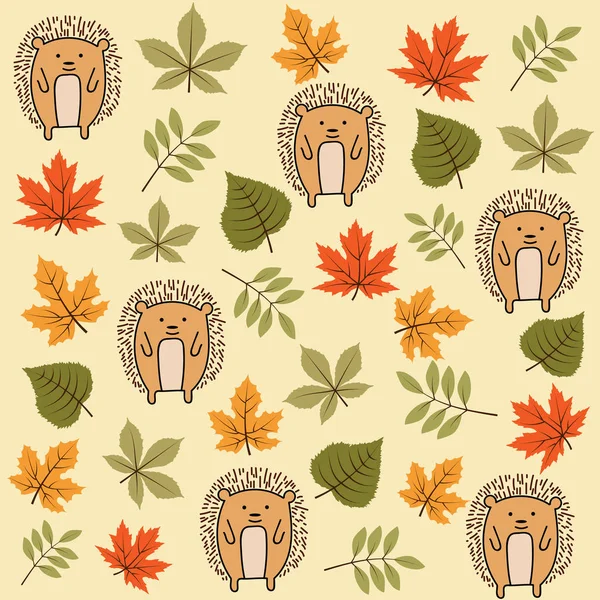 涂鸦秋天无缝的模式与叶子和刺猬 — 图库矢量图片