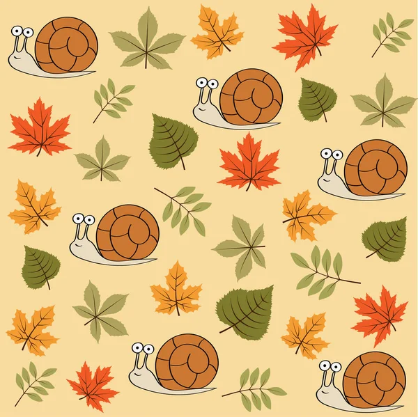 涂鸦秋天无缝的模式与叶子和蜗牛 — 图库矢量图片