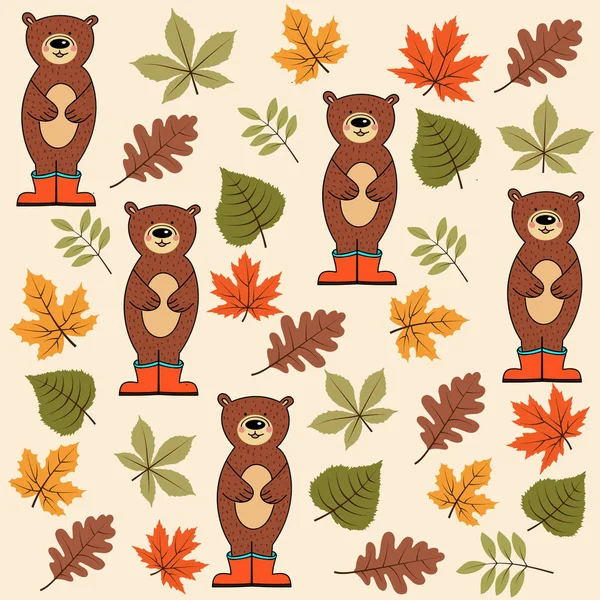 涂鸦秋天无缝的模式与叶子和熊 — 图库矢量图片