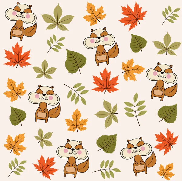 Doodle Autumn Seamless Pattern Leaves Squirrels — Stock Vector