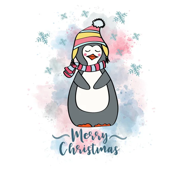 Doodle Cartão Natal Com Pinguim Vestido Eps10 — Vetor de Stock