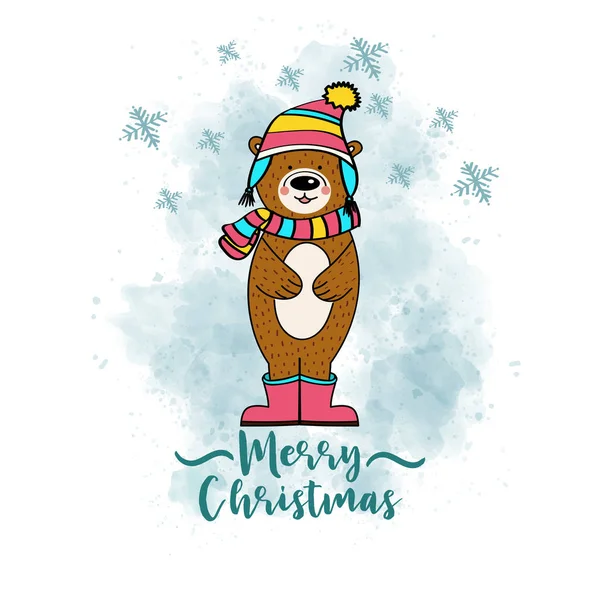 Doodle Cartão Natal Com Bearl Vestido Eps10 —  Vetores de Stock