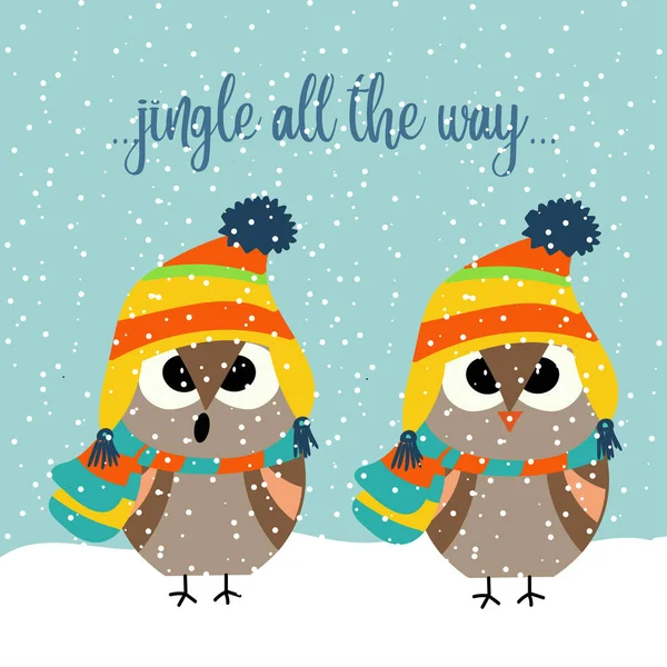 Cute Christmas Card Owls Singing Carols Christmas Poster Vector — Stock Vector