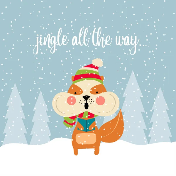 Cartão Natal Bonito Com Canções Esquilo Cantando Cartaz Natal Vetor — Vetor de Stock