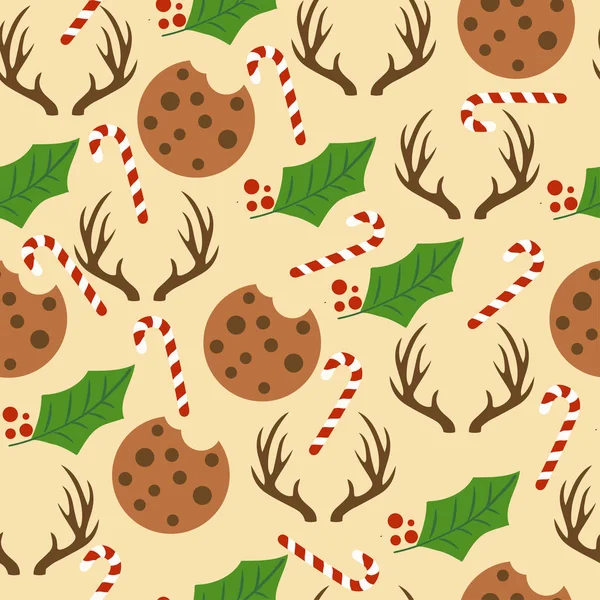 Boże Narodzenie Bezszwowe Laski Cukierki Boże Narodzenie Reinders Jemioła Ciasteczka — Wektor stockowy