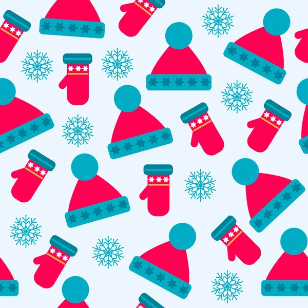 Kerst Naadloze Patroon Met Kerst Mutsen Handschoenen Sneeuwvlokken Voor Kerstmis — Stockvector