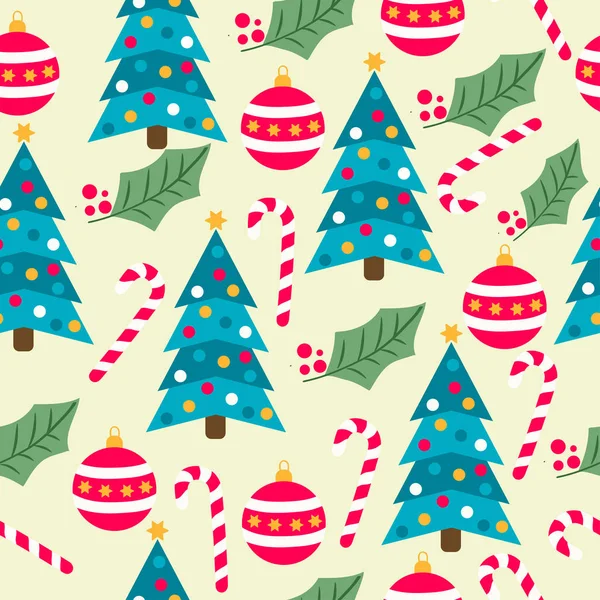 Weihnachten Nahtlose Muster Mit Weihnachtsbäumen Zuckerstangen Kugeln Und Misteln Für — Stockvektor