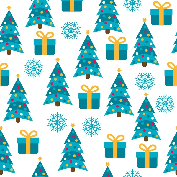 Kerst Naadloze Patroon Met Kerstbomen Cadeautjes Snwflakes Voor Kerstmis Achtergrond — Stockvector