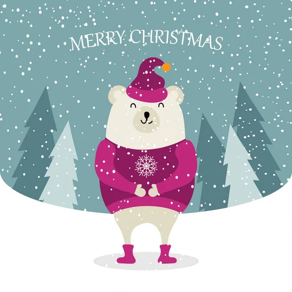 Beautiful Flat Design Christmas Card Dressed Polar Bear Christmas Poster — Stock Vector