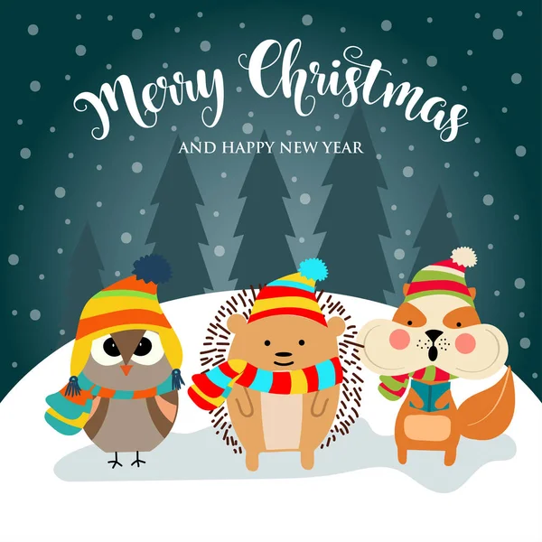 Christmas Card Cute Dressed Animals Wishes Flat Design Vector — Stock Vector