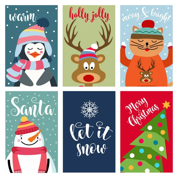Christmas Card Collection Animals Wishes Labels Stickers Flat Design — Stock Vector