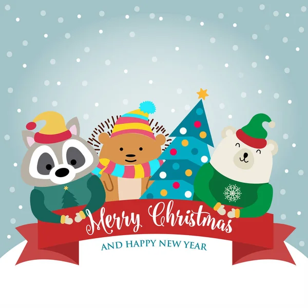 Cartão Natal Com Animais Vestidos Bonitos Desejos Design Plano Vetor — Vetor de Stock