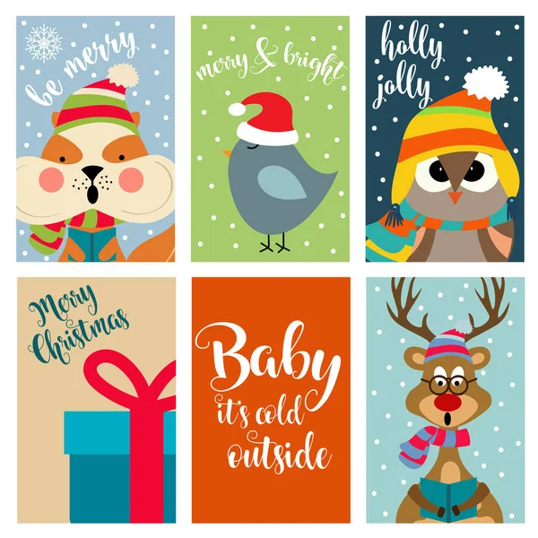 Christmas Card Collection Animals Wishes Labels Stickers Flat Design — Stock Vector