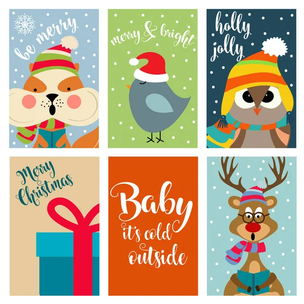 Collection Cartes Noël Avec Animaux Souhaits Des Étiquettes Des Autocollants — Image vectorielle