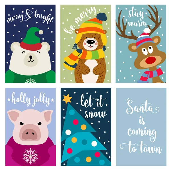 Collection Cartes Noël Avec Animaux Souhaits Des Étiquettes Des Autocollants — Image vectorielle