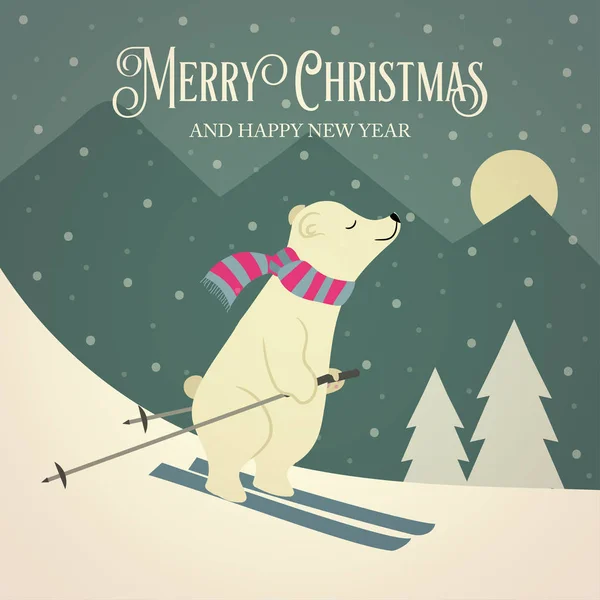 Schöne Retro Weihnachtskarte Mit Eisbär Skifahrer Flache Bauweise Vektor — Stockvektor