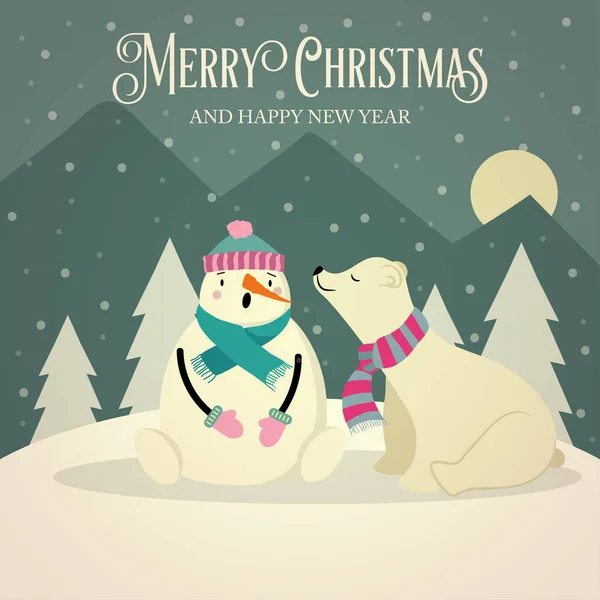 Όμορφα Ρετρό Χριστουγεννιάτικη Κάρτα Πολική Αρκούδα Και Χιονάνθρωπος Επίπεδη Σχεδίαση — Διανυσματικό Αρχείο