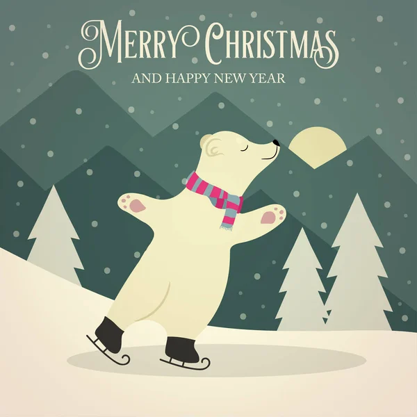 Schöne Retro Weihnachtskarte Mit Eisbär Beim Schlittschuhlaufen Auf Eis Flache — Stockvektor