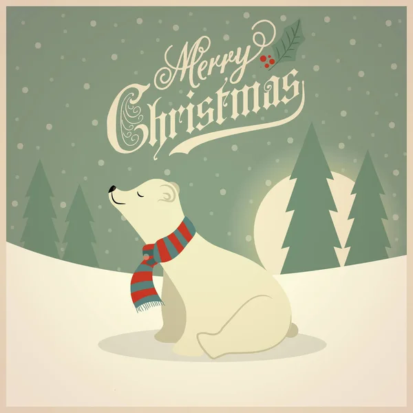 Hermosa Tarjeta Navidad Retro Con Oso Polar Diseño Plano Vector — Archivo Imágenes Vectoriales