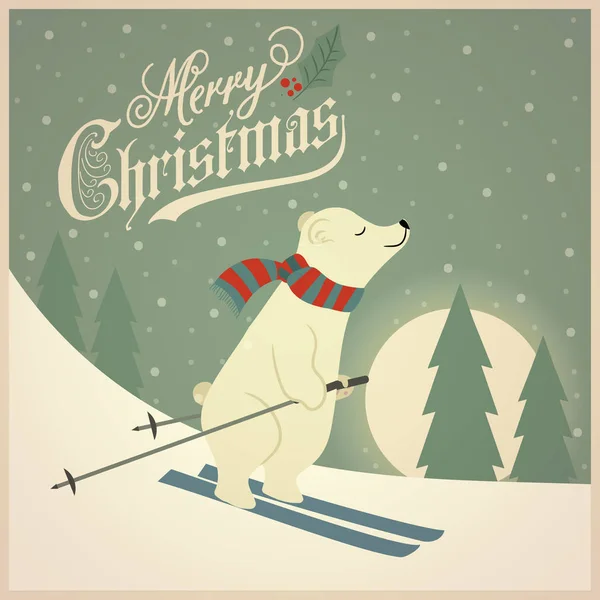 Beautiful Retro Christmas Card Polar Bear Skier Flat Design Vector — Stock Vector