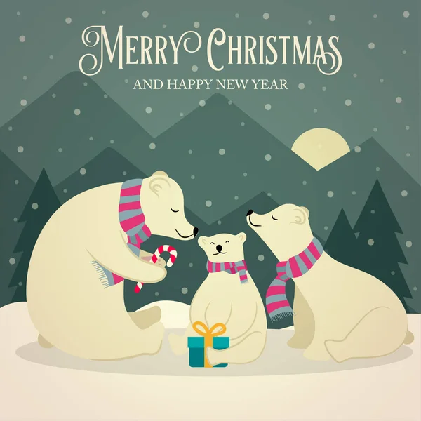Όμορφη Επίπεδη Σχεδίαση Ρετρό Χριστουγεννιάτικη Κάρτα Πολικές Αρκούδες Οικογένειας Επίπεδη — Διανυσματικό Αρχείο